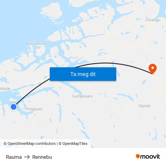 Rauma to Rennebu map