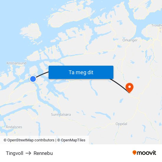Tingvoll to Rennebu map