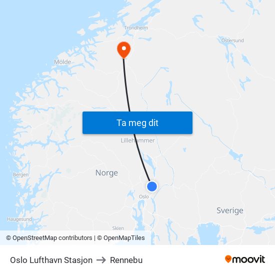 Oslo Lufthavn Stasjon to Rennebu map