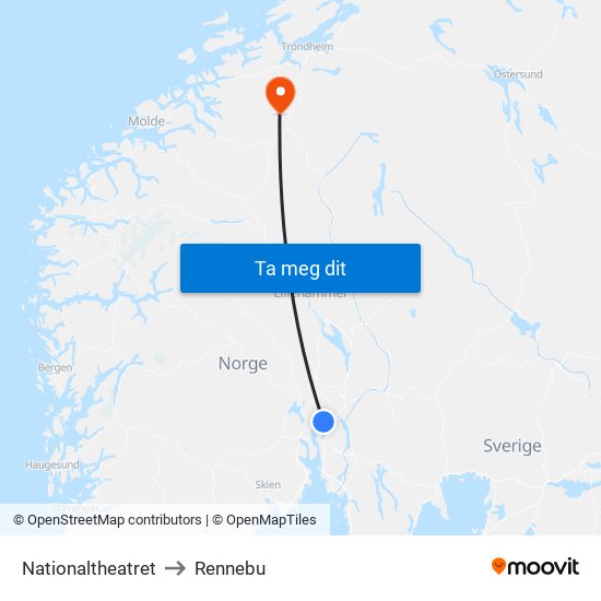 Nationaltheatret to Rennebu map
