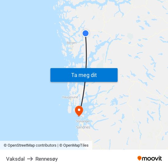 Vaksdal to Rennesøy map