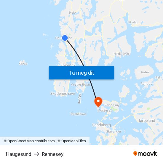 Haugesund to Rennesøy map