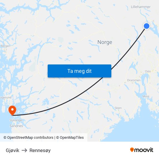 Gjøvik to Rennesøy map