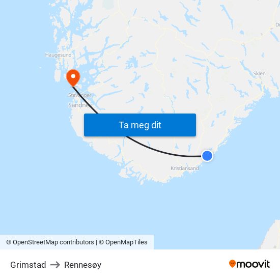 Grimstad to Rennesøy map