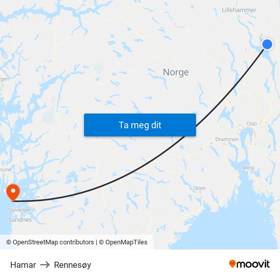 Hamar to Rennesøy map
