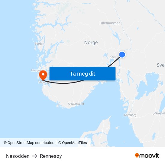 Nesodden to Rennesøy map
