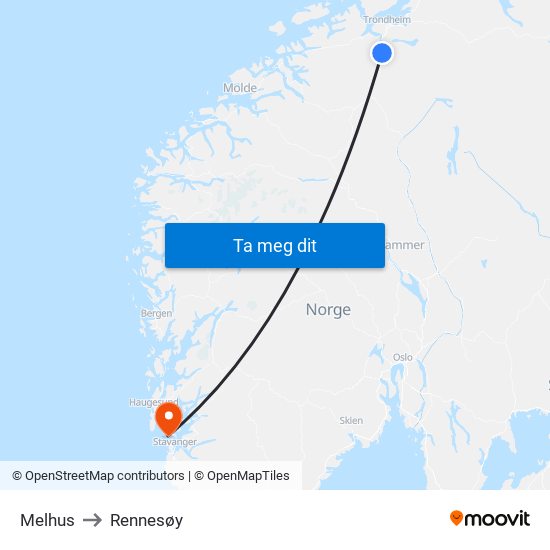 Melhus to Rennesøy map