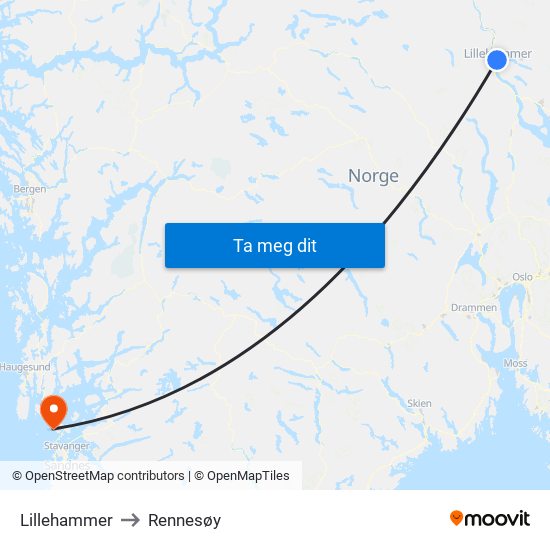 Lillehammer to Rennesøy map