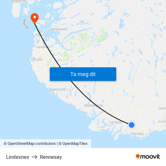 Lindesnes to Rennesøy map