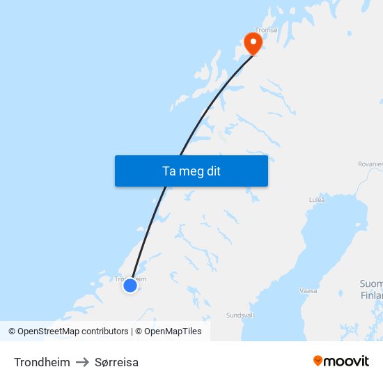 Trondheim to Sørreisa map