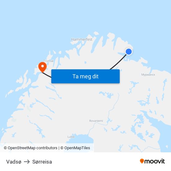 Vadsø to Sørreisa map