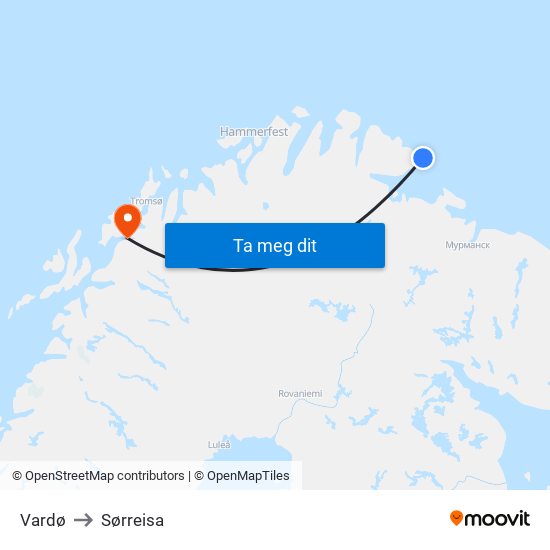 Vardø to Sørreisa map