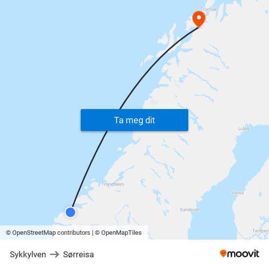 Sykkylven to Sørreisa map