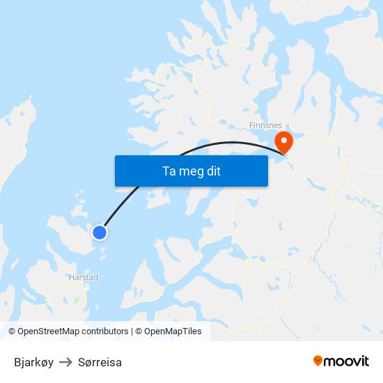 Bjarkøy to Sørreisa map