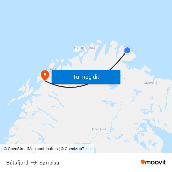 Båtsfjord to Sørreisa map