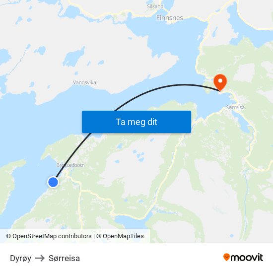 Dyrøy to Sørreisa map