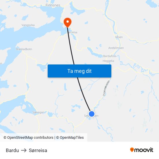 Bardu to Sørreisa map