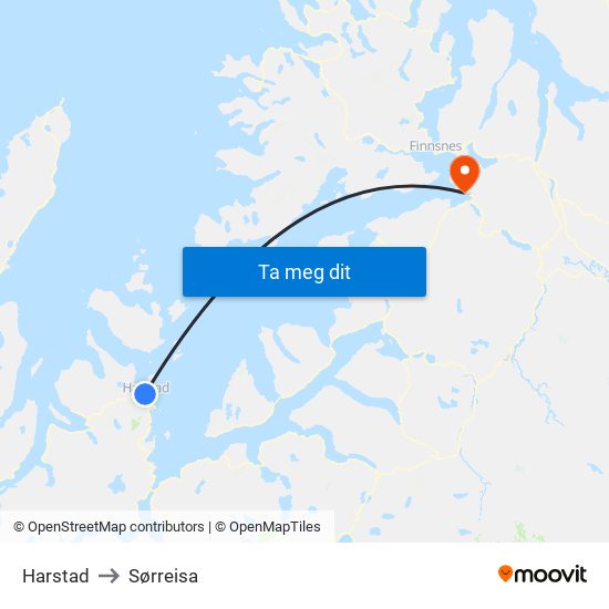 Harstad to Sørreisa map