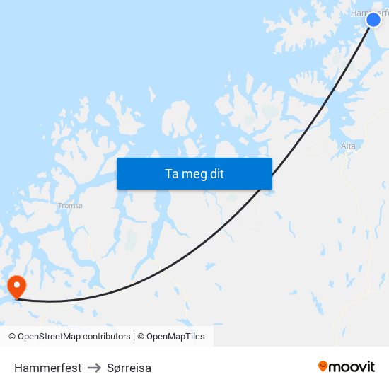 Hammerfest to Sørreisa map