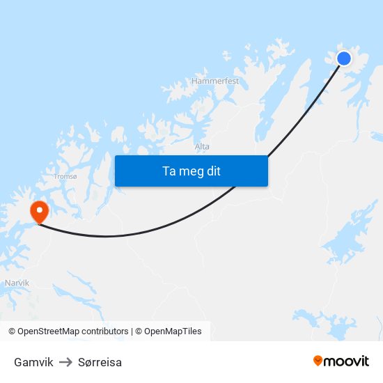 Gamvik to Sørreisa map