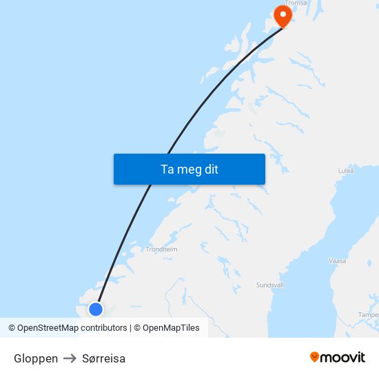 Gloppen to Sørreisa map