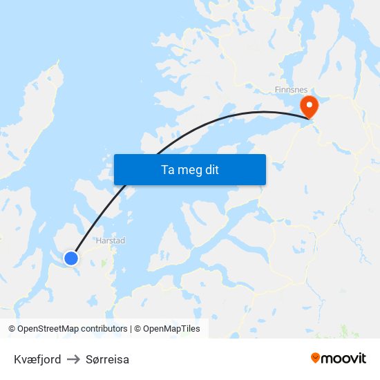 Kvæfjord to Sørreisa map