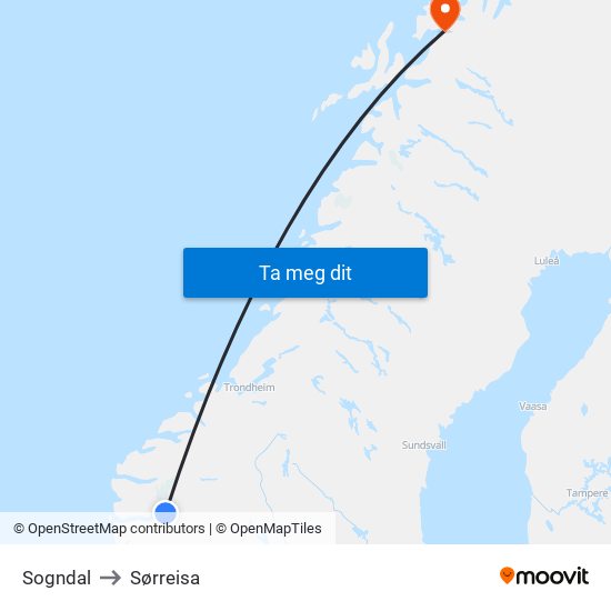 Sogndal to Sørreisa map