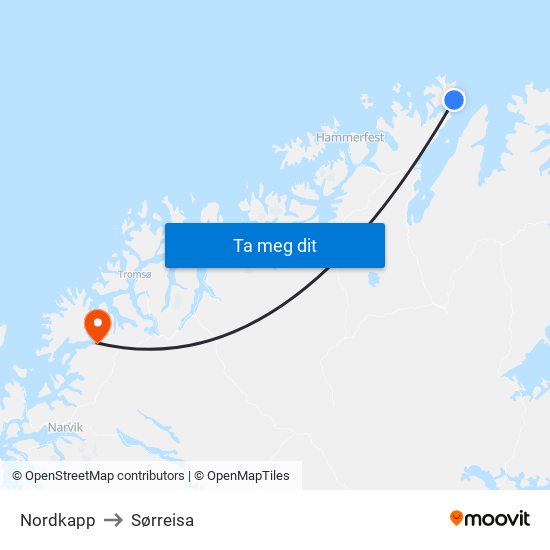 Nordkapp to Sørreisa map