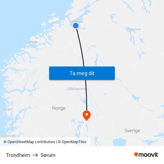 Trondheim to Sørum map