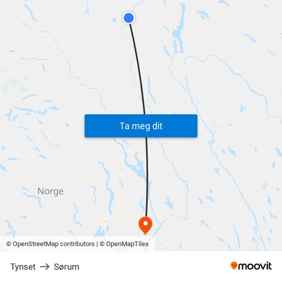 Tynset to Sørum map