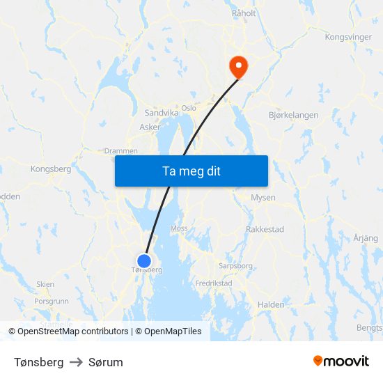 Tønsberg to Sørum map