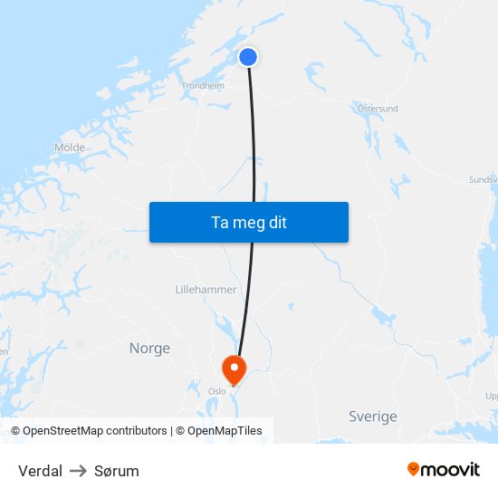 Verdal to Sørum map