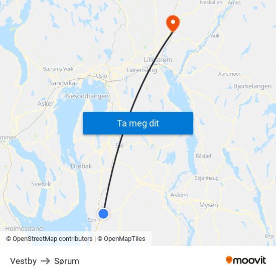 Vestby to Sørum map