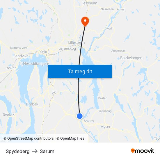 Spydeberg to Sørum map