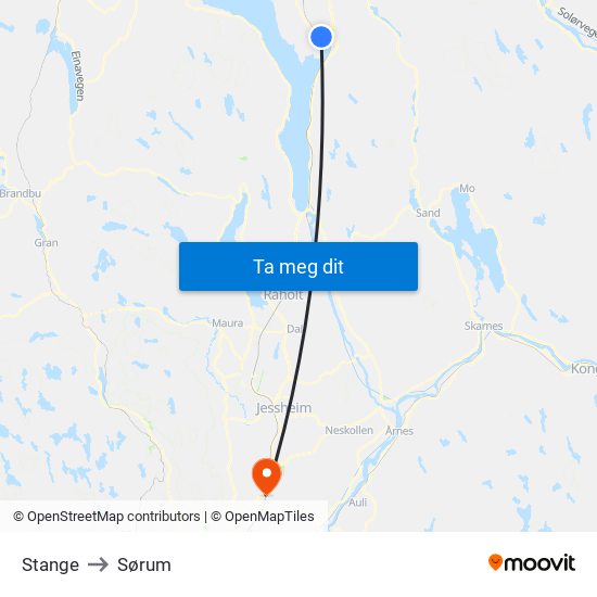 Stange to Sørum map