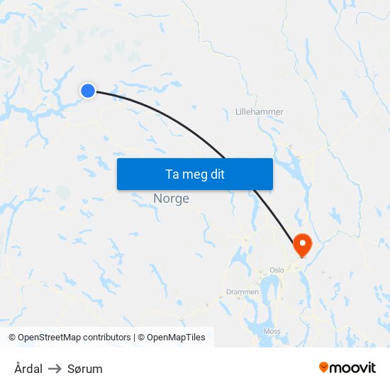 Årdal to Sørum map