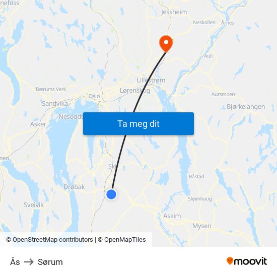 Ås to Sørum map