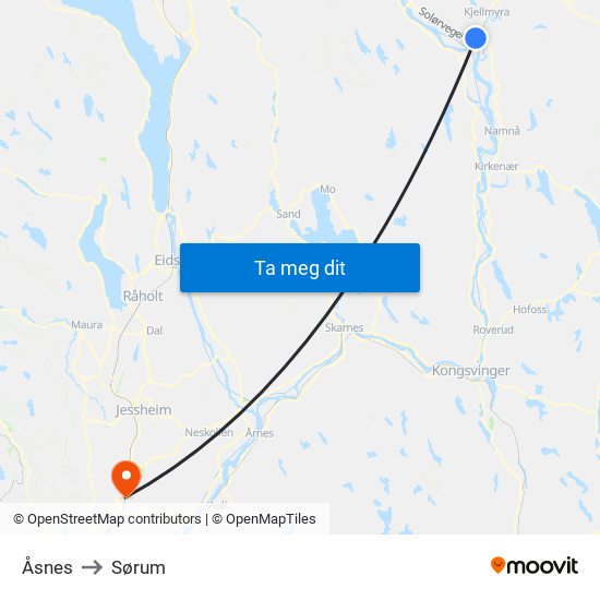 Åsnes to Sørum map