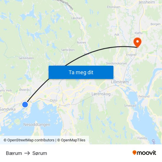 Bærum to Sørum map