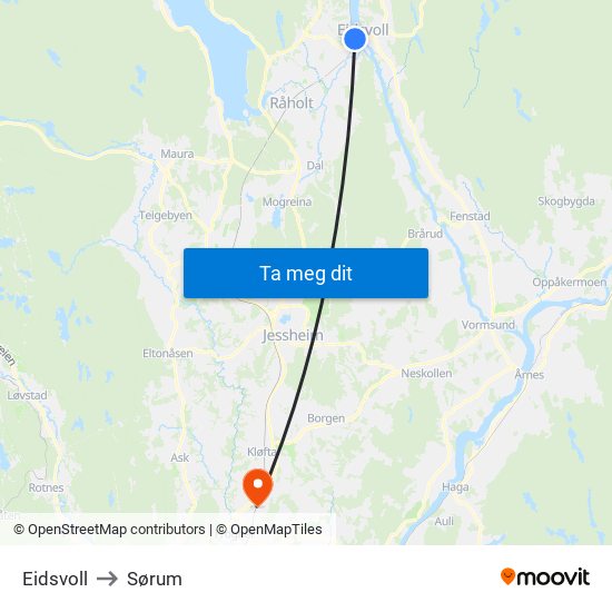 Eidsvoll to Sørum map