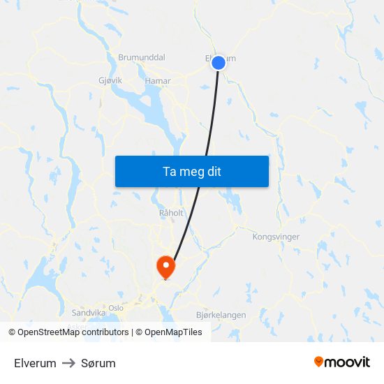 Elverum to Sørum map