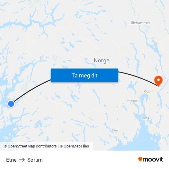 Etne to Sørum map