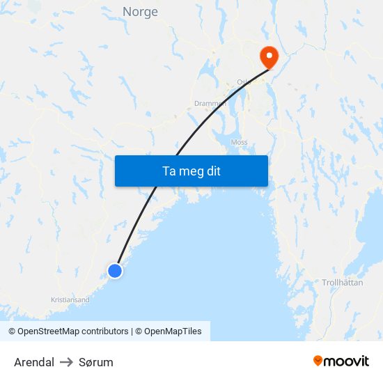 Arendal to Sørum map
