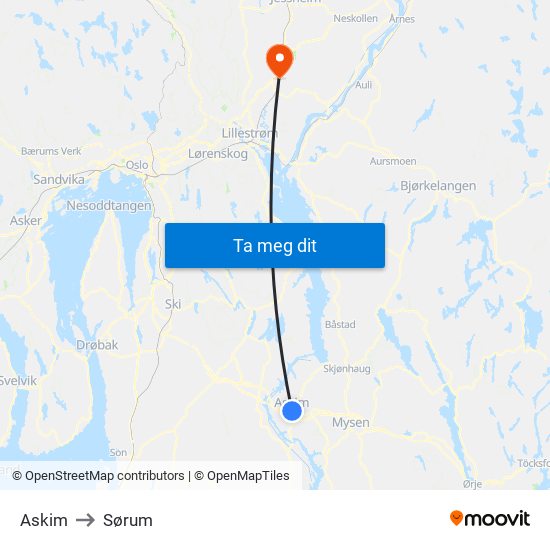 Askim to Sørum map