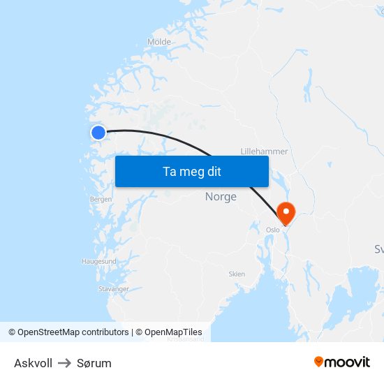 Askvoll to Sørum map