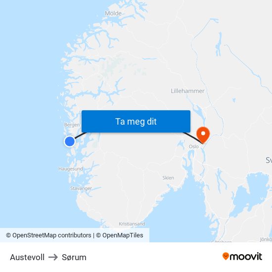 Austevoll to Sørum map