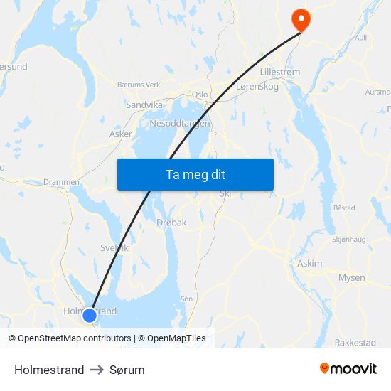 Holmestrand to Sørum map