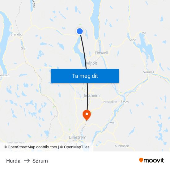Hurdal to Sørum map