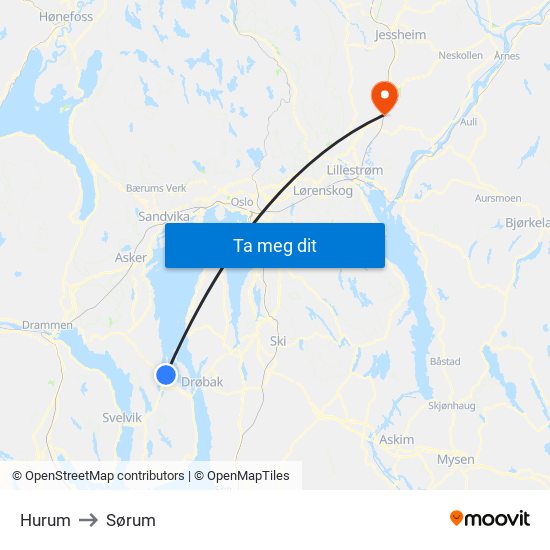 Hurum to Sørum map