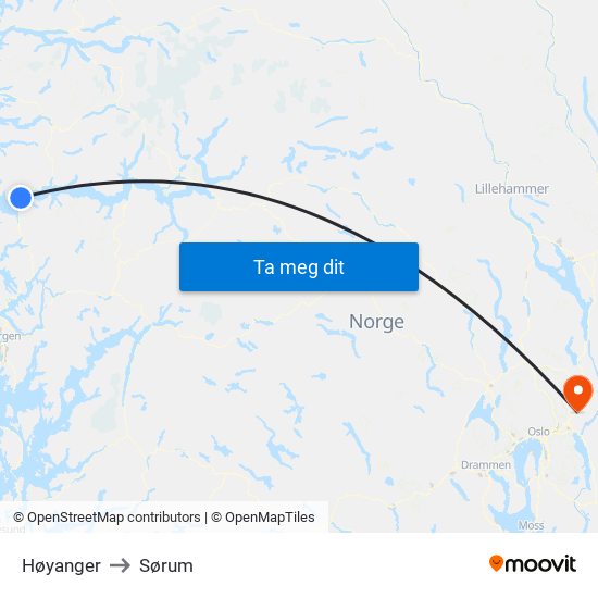 Høyanger to Sørum map